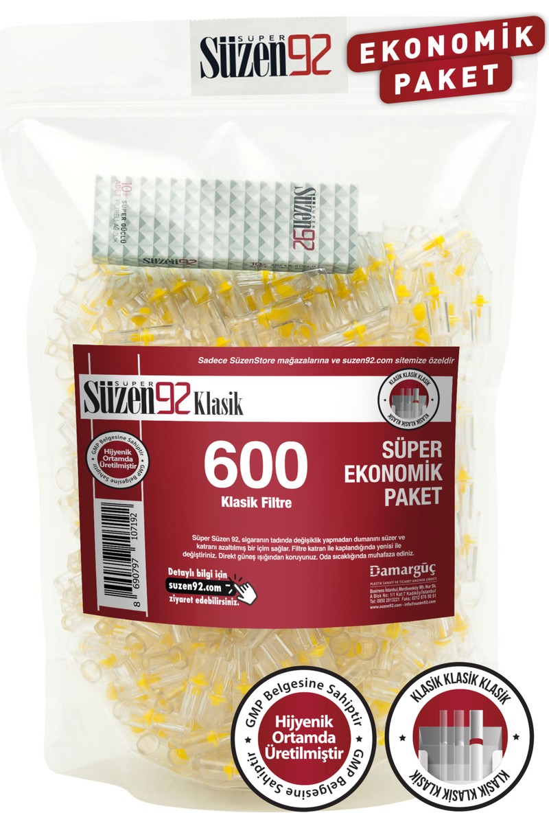 Süzen 92 Süzen92 Sigara Ağızlığı Filtresi Klasik 600'lü Ekonomik Paket 1 Adet Taşıma Kutusu Hediyeli