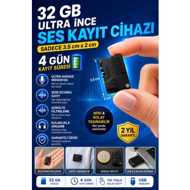 Teknospy Teknospy Ultra Ince Mini Ses Kayıt Cihazı Kulaklıkla Dinleme 4 Gün Şarj Süresi Sese Duyarlı fiyatı ve görseli