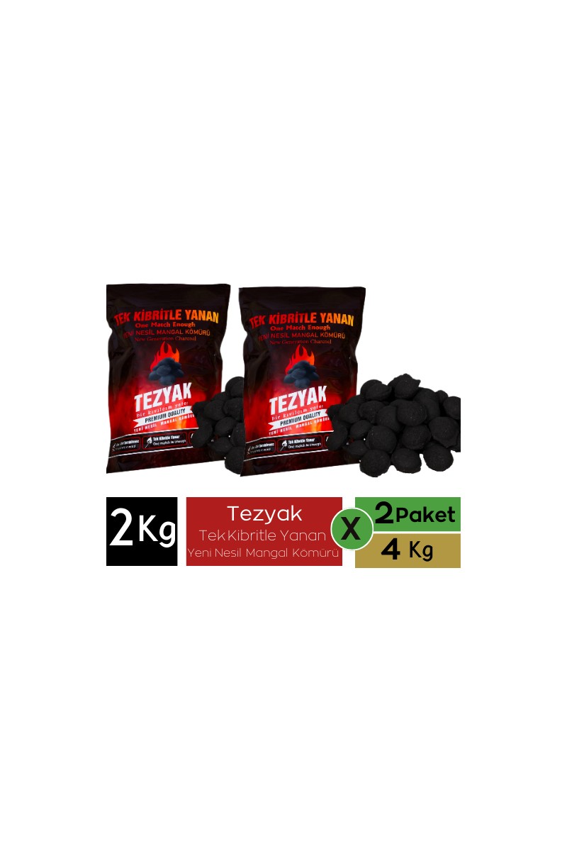 Tezyak Mix Tek Kibritle Yanan Yeni Nesil Mangal Kömürü (2 Paket x 2 kg ) 4 kg