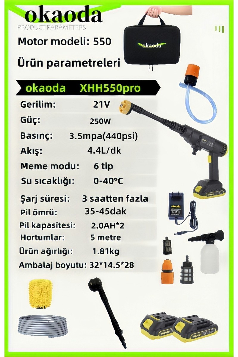Thor Kraft Çift Akülü Şarjlı Yüksek Basınçlı Oto Araba Bahçe Yıkama ve Temizleme Tabancası Makinesi
