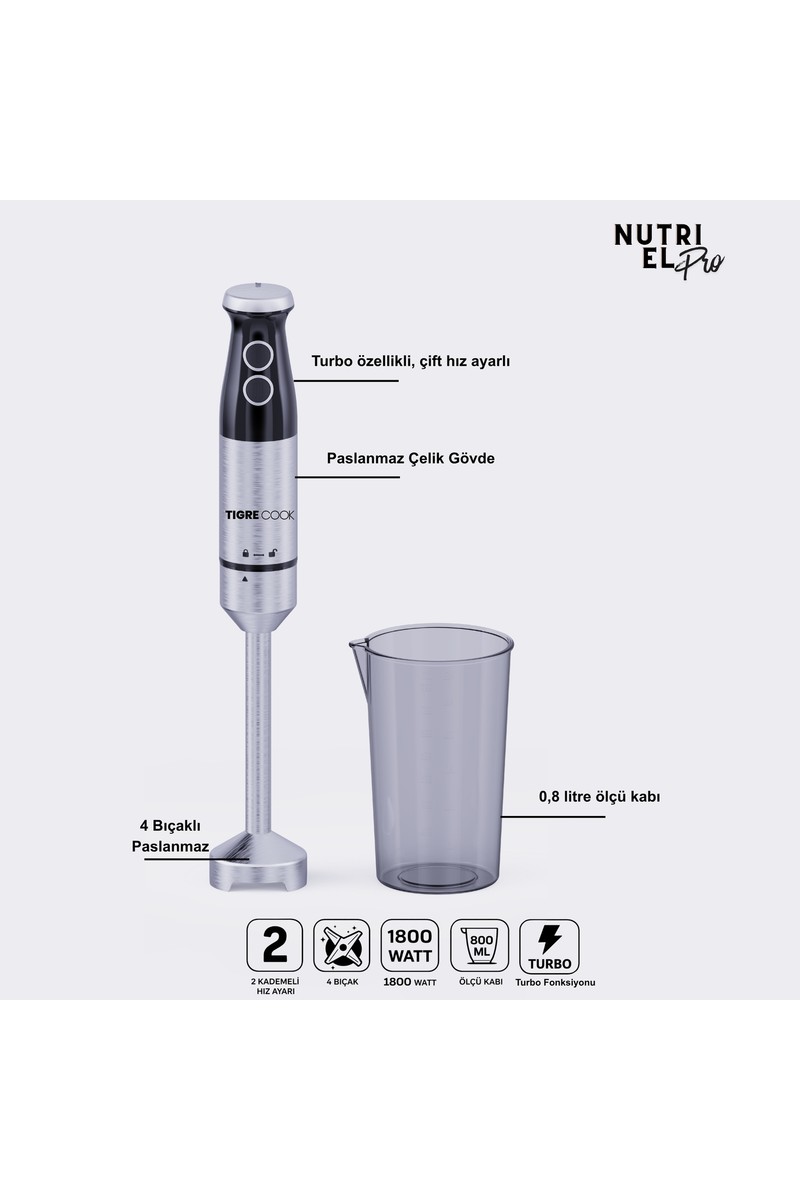 Tigrecook Tigrecook Tıgrecook Turbo Çubuk El Blenderi – 1800W, 4 Bıçaklı Paslanmaz Çelik, Karıştırma — 6. ürün görseli