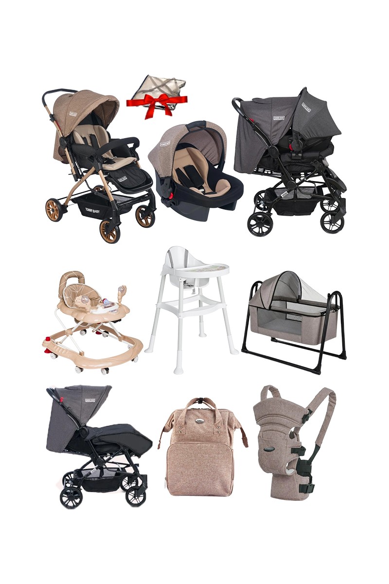 Tommybaby 9 Parça Bebek Çeyiz Seti Bebek Arabası Puset Beşik Yürüteç Mama Sandalyesi Kanguru Bebek Çantası