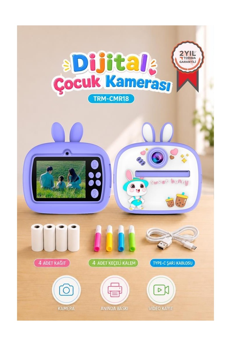 Torima Dijital Fotoğraf Makinesi Çocuk Termal Resim Kağıt Baskılı Yazıcı Kamera Video Makinesi CMR18 Mor