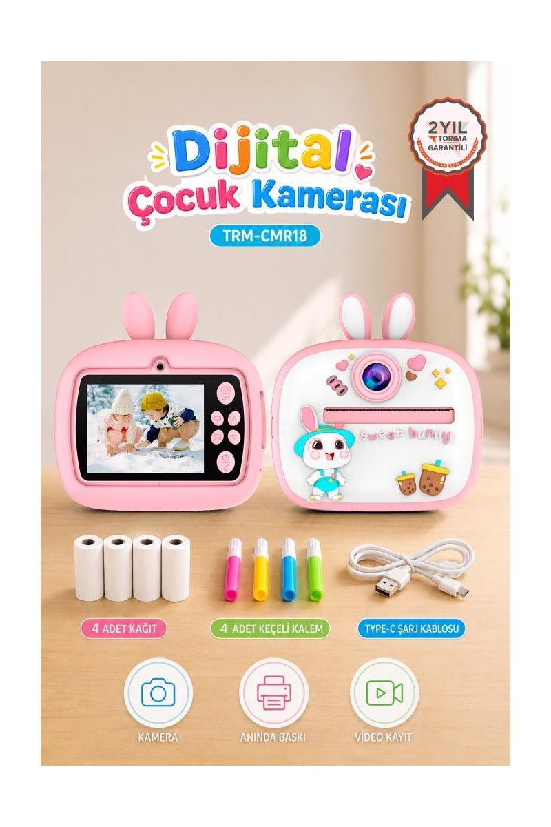 Torima Dijital Fotoğraf Makinesi Çocuk Termal Resim Kağıt Baskılı Yazıcı Kamera Video Makinesi CMR18 Pembe
