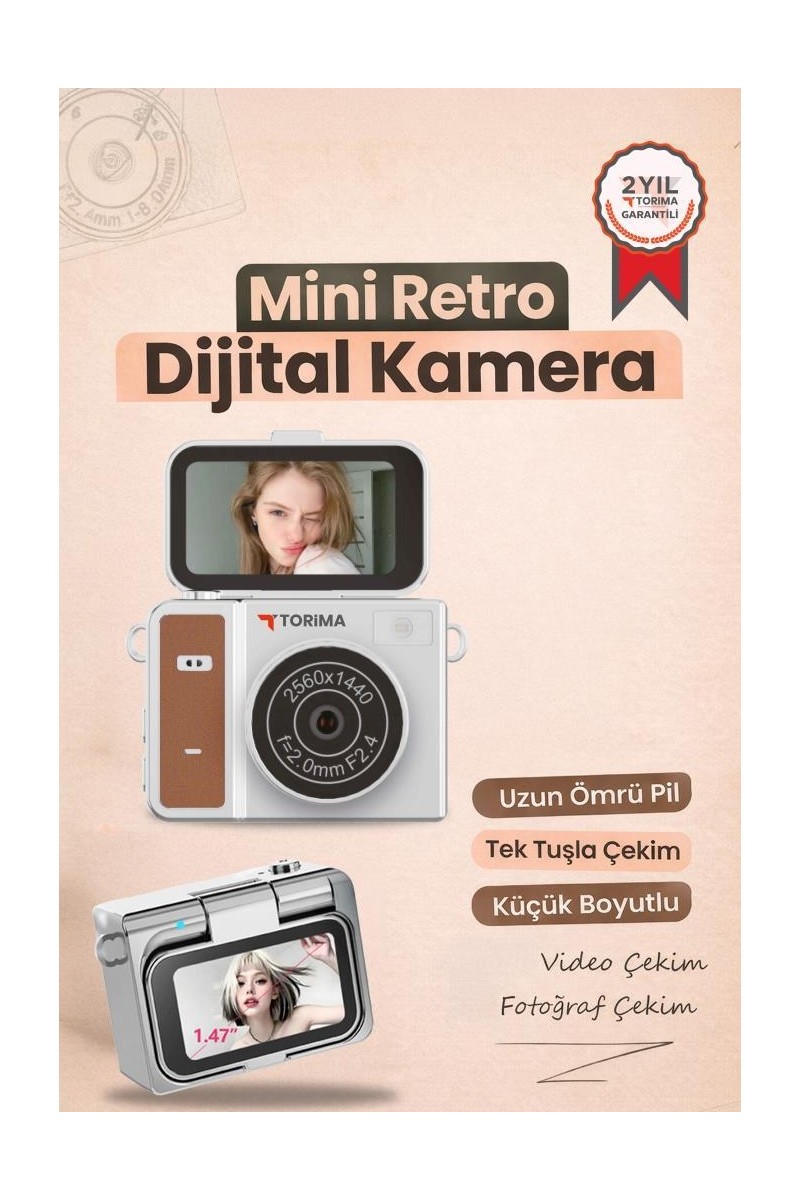 Torima Mini Dijital Kamera 2K Flip Ekranlı Selfie Video Vlog Kamerası CMR46 Kahverengi