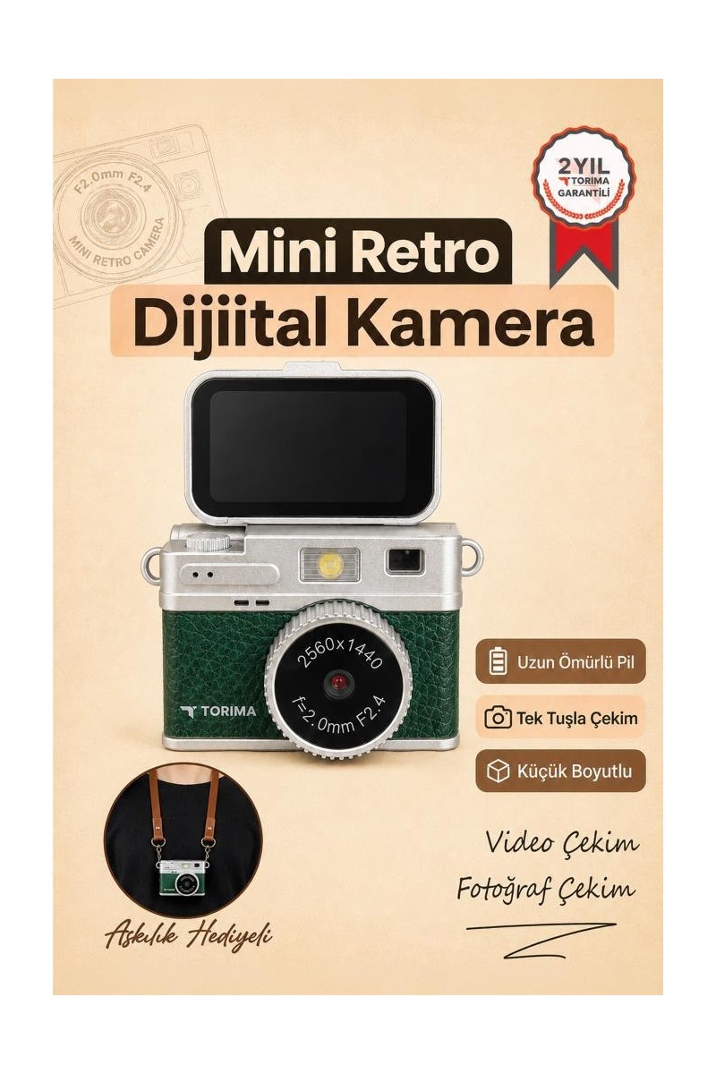 Torima Torima Mini Dijital Kamera 2K Video Çözünürlüğü ile Flip Ekranlı Selfie Vlog Kamerası CMR49 Koyu Yeşil fiyatı ve görseli