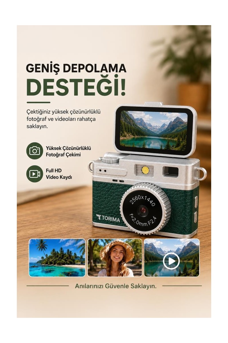Torima Torima Mini Dijital Kamera 2K Video Çözünürlüğü ile Flip Ekranlı Selfie Vlog Kamerası CMR49 Koyu Yeşil — 2. ürün görseli