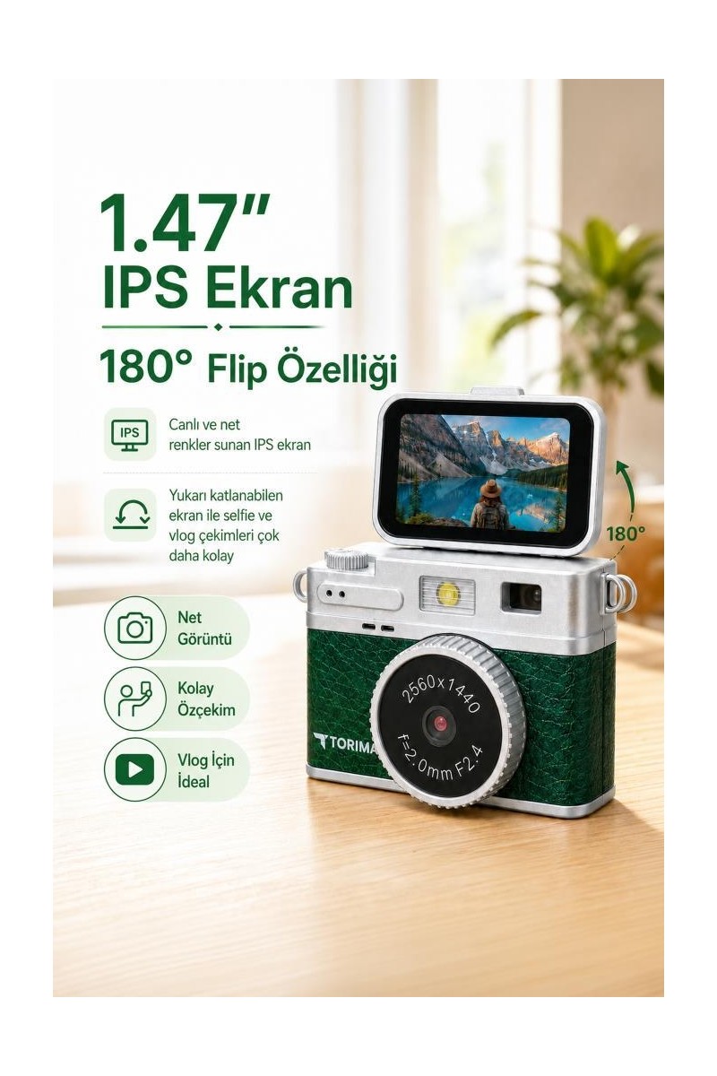 Torima Torima Mini Dijital Kamera 2K Video Çözünürlüğü ile Flip Ekranlı Selfie Vlog Kamerası CMR49 Koyu Yeşil — 3. ürün görseli
