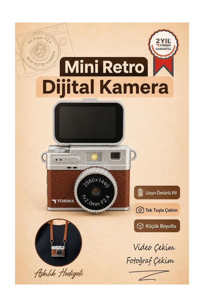 Torima Mini Vintage Dijital Fotoğraf ve Video Kamerası 2K Çözünürlük 180° Flip Ekranlı Kahverengi