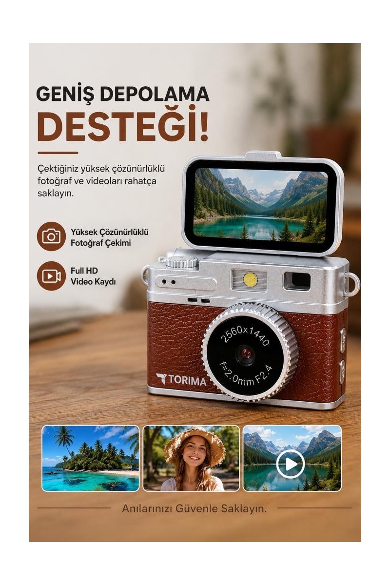Torima Torima Mini Vintage Dijital Fotoğraf ve Video Kamerası 2K Çözünürlük 180° Flip Ekranlı Kahverengi — 2. ürün görseli