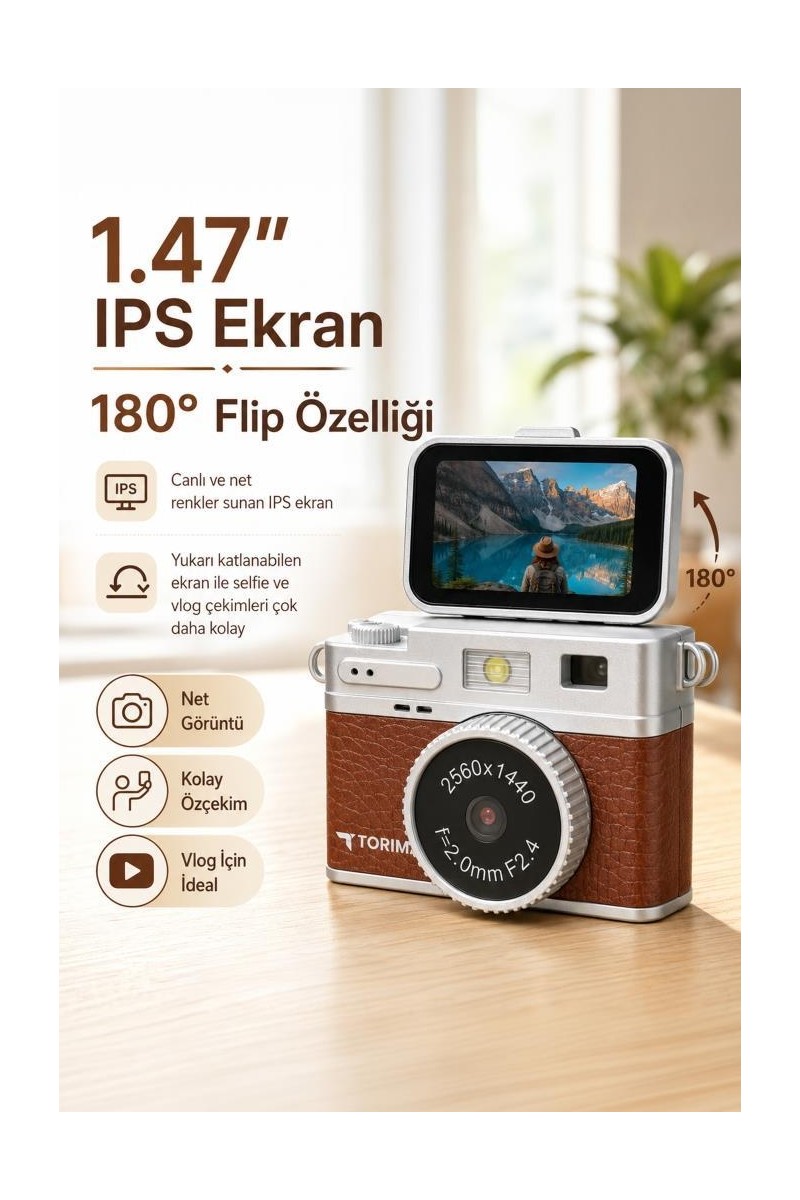 Torima Torima Mini Vintage Dijital Fotoğraf ve Video Kamerası 2K Çözünürlük 180° Flip Ekranlı Kahverengi — 3. ürün görseli