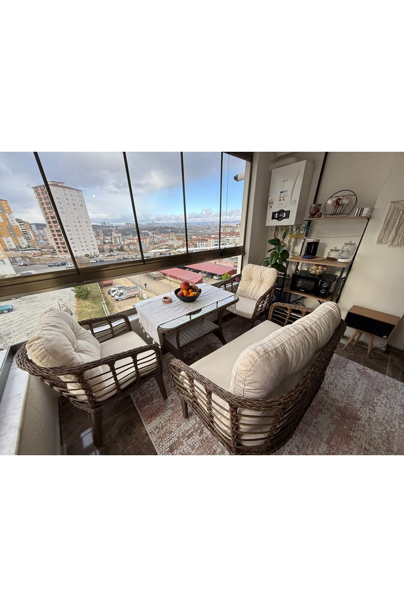 Tu Tienda Kartepe Galvaniz Boru 2 1 1 Sehpa(60 90) Rattan Bahçe Balkon Takımı,Kahve Rattan / Krem Kumaş