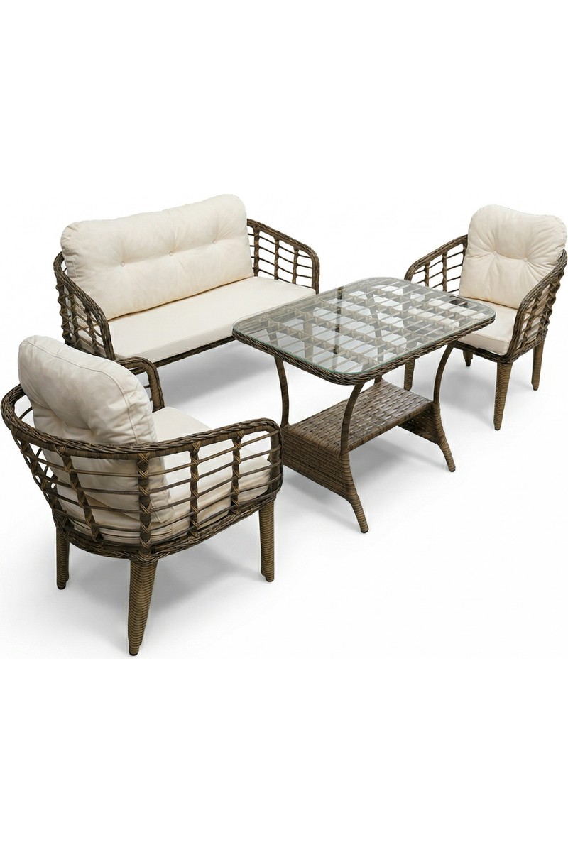Tu Tu Tienda Kartepe Galvaniz Boru 2 1 1 Sehpa(60 90) Rattan Bahçe Balkon Takımı,Kahve Rattan / Krem Kumaş — 2. ürün görseli