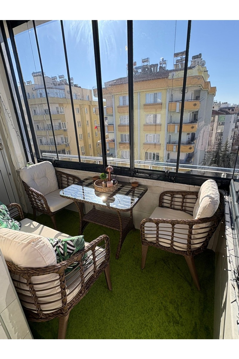 Tu Tu Tienda Kartepe Galvaniz Boru 2 1 1 Sehpa(60 90) Rattan Bahçe Balkon Takımı,Kahve Rattan / Krem Kumaş — 3. ürün görseli