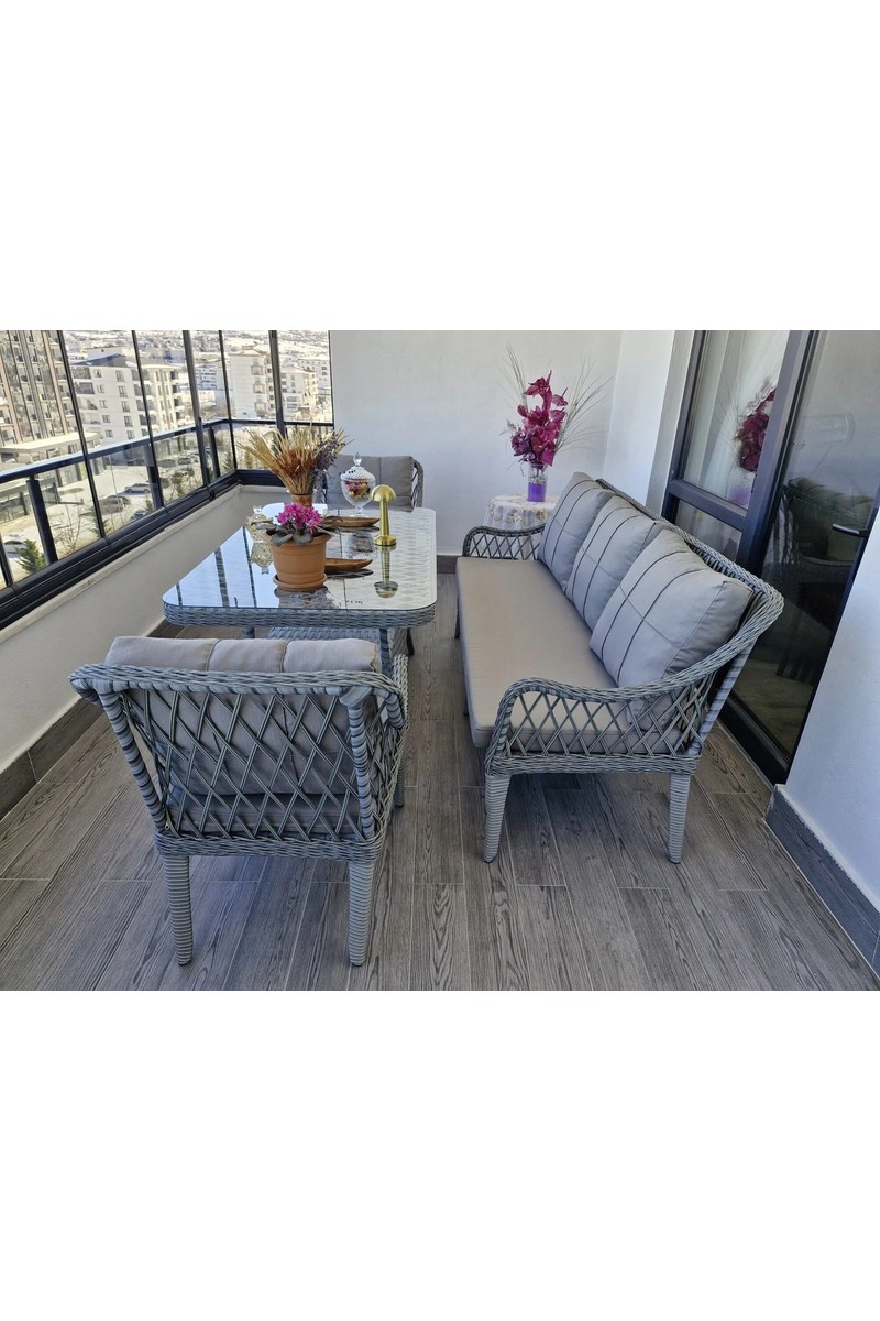 Tu Tienda Kaş 3+1+1+Masa Rattan Bahçe Balkon Mobilyası,RATTAN GRİ / KUMAŞ GRİ