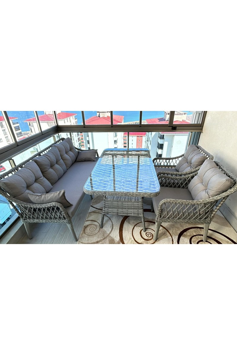 Tu Tu Tienda Kaş 3+1+1+Masa Rattan Bahçe Balkon Mobilyası,RATTAN GRİ / KUMAŞ GRİ — 3. ürün görseli