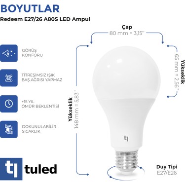Tuled Tuled Redeem A80S E27 LED Ampul, Titreşimsiz, Göz Konforu, 1418 Lümen, Soğuk Beyaz, 6500 — 4. ürün görseli