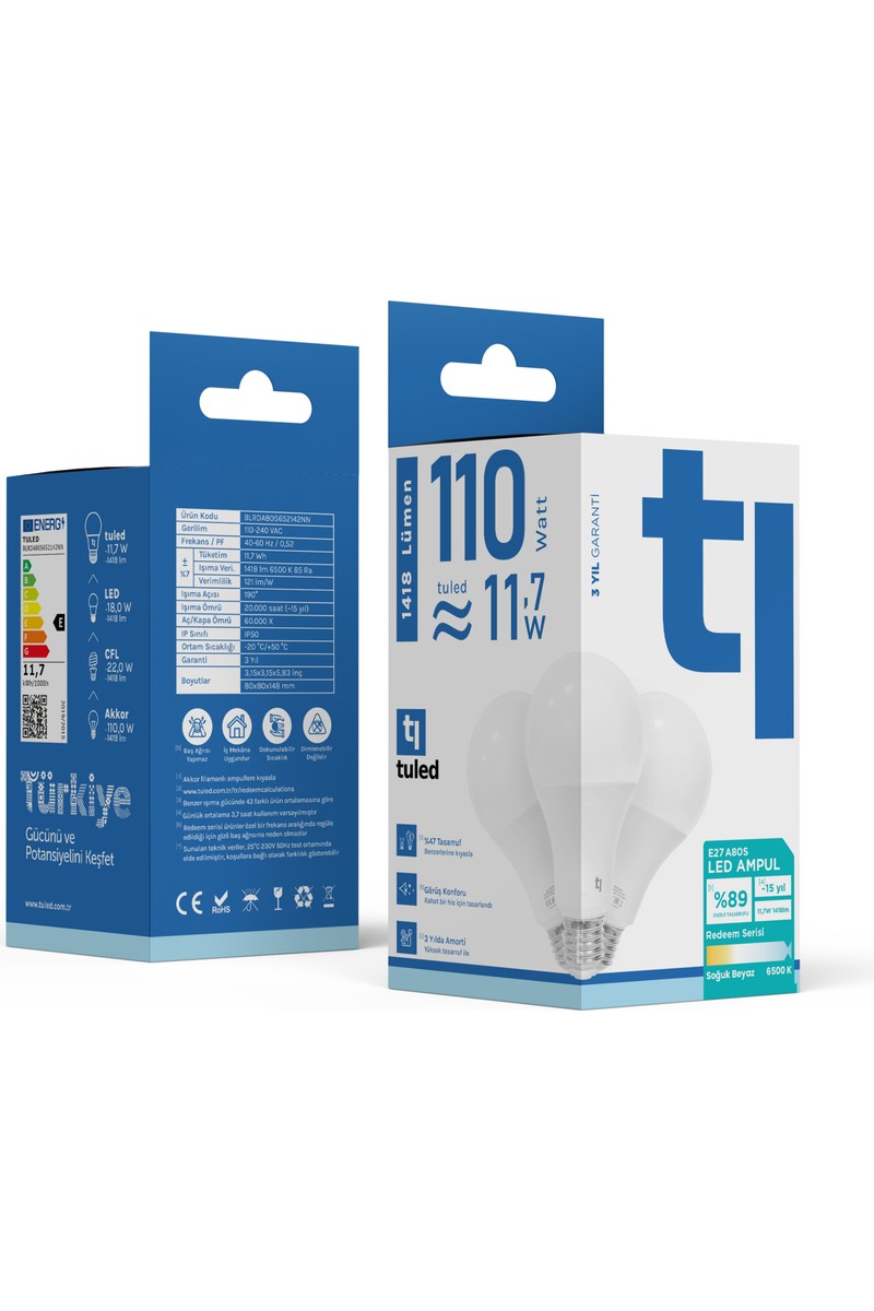 Tuled Tuled Redeem A80S E27 LED Ampul, Titreşimsiz, Göz Konforu, 1418 Lümen, Soğuk Beyaz, 6500 — 6. ürün görseli