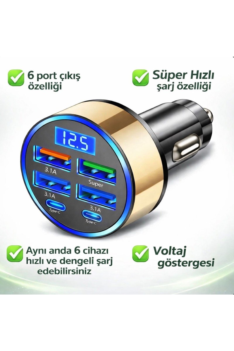 UGS Ticaret Dijital Ekranlı 6 Çıkışlı Süper Hızlı Araç Içi Şarj Aleti — 4. ürün görseli