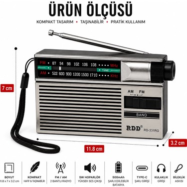 UltraTekno UltraTekno RD-331RG Şarjlı Cep Radyosu Fm/am 2 Bant Taşınabilir Radyo Type-C Şarjlı 2xaa Pil — 4. ürün görseli