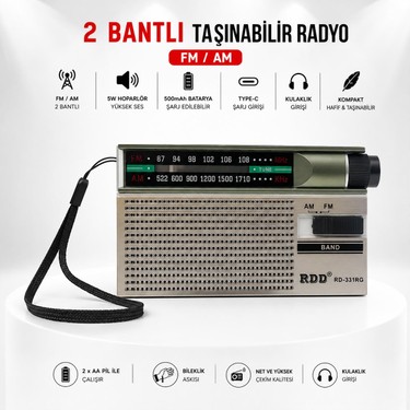 UltraTekno UltraTekno RD-331RG Şarjlı Cep Radyosu Fm/am 2 Bant Taşınabilir Radyo Type-C Şarjlı 2xaa Pil — 5. ürün görseli
