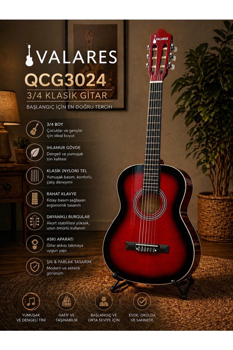 Valares Valares QCG3024 Rds Kırmızı 1/2 Klasik Gitar Çocuklar İçin İdeal Yumuşak Tını Kolay Çalım Çanta Hediye — 3. ürün görseli