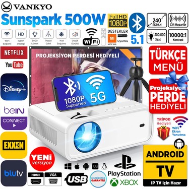 Vankyo Vankyo Sunspark 500W Android TV 1080P Destekli Projeksiyon Cihazı 5G Wi-Fi + 5.1 Bluetooth - LCD fiyatı ve görseli