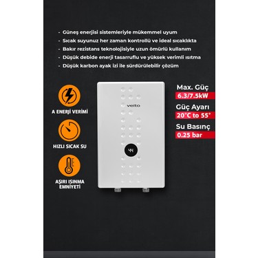 Veito Veito Flow E7 7500 Watt Beyaz Şofben 7 lt/dk Su Isıtma Kapasitesi Merkezi Sistem — 5. ürün görseli