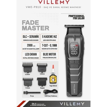 Villemy Villemy VME-P920 Profesyonel Saç ve Sakal Kesme Makinesi Bldc Motor Şarjlı Dlc Seramik Bıçak 10 fiyatı ve görseli