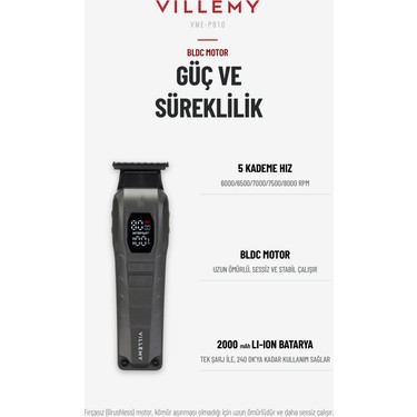 Villemy Villemy VME-P810 Profesyonel Saç Kesme, Sakal ve Ense Tıraş Makinesi Bldc Motor T-Cut 0.1 mm Dlc — 5. ürün görseli