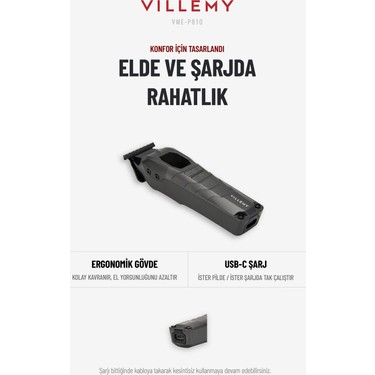 Villemy Villemy VME-P810 Profesyonel Saç Kesme, Sakal ve Ense Tıraş Makinesi Bldc Motor T-Cut 0.1 mm Dlc — 6. ürün görseli