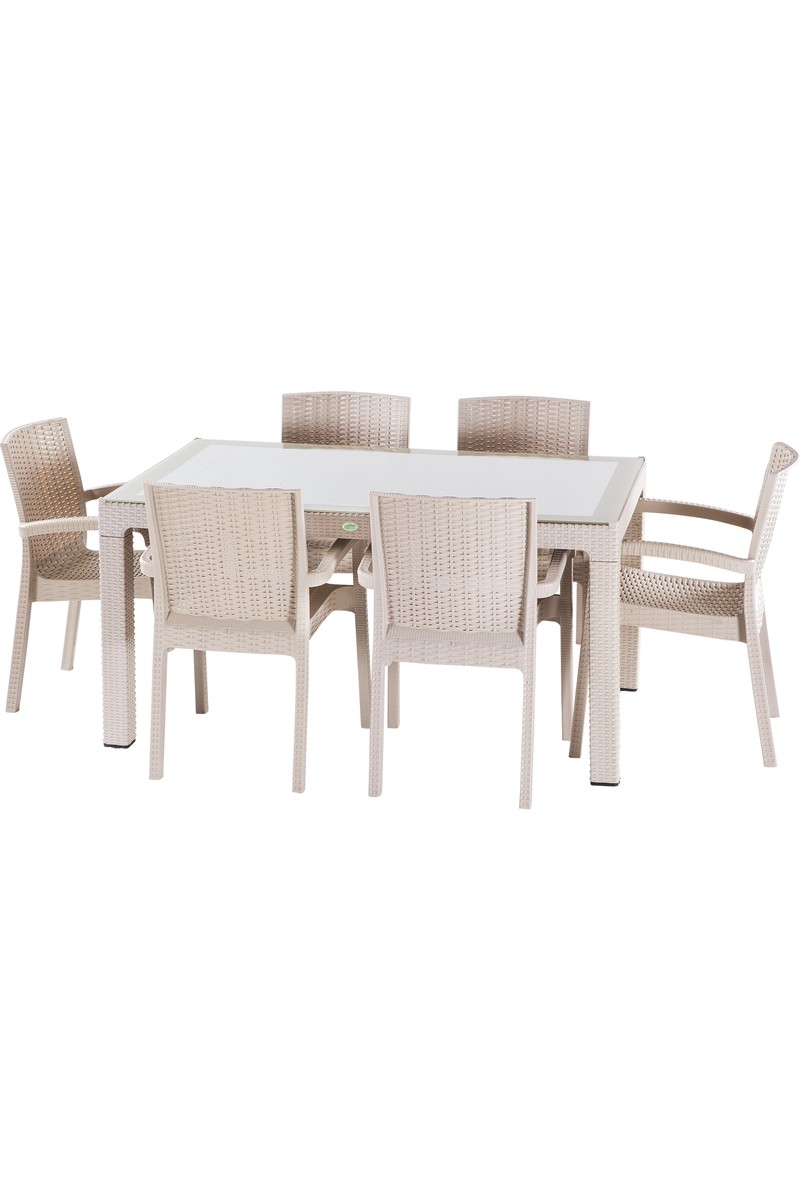Violet Rattan 90 150 Raddan Trend Lüx Camlı Masa Takımı 6 Sandalyeli Capuccino