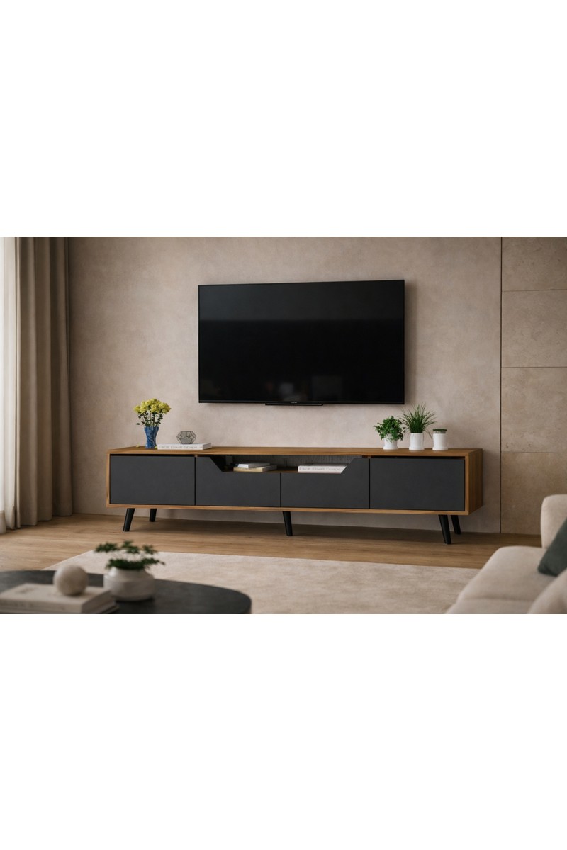 VM VERTEX MOBİLYA Roma Ahşap Ayaklı TV Ünitesi Ceviz-Antrasit Suntalam Malzeme ile 180 cm Boyut