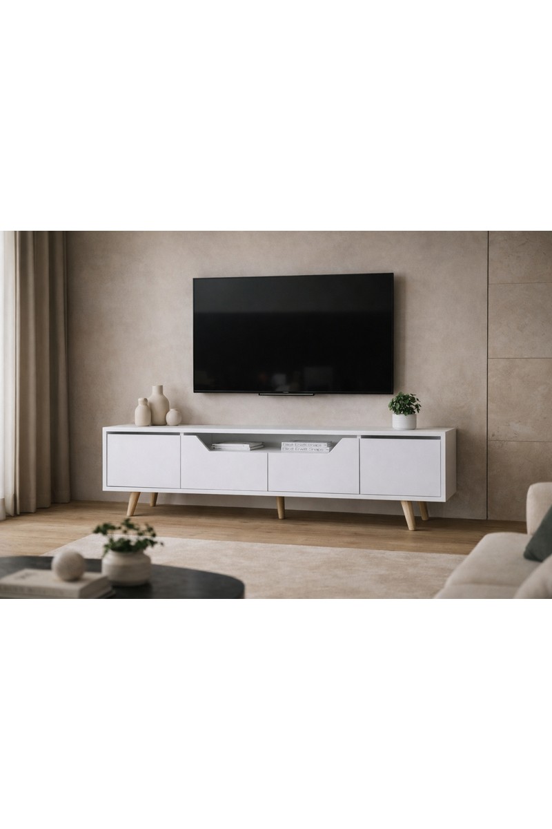 VM VERTEX MOBİLYA Roma Ahşap Ayaklı Tv Ünitesi Tv Sehpası Beyaz