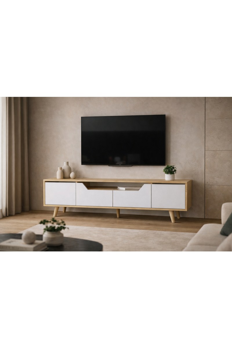 VM VERTEX MOBİLYA Roma Ahşap Ayaklı Tv Ünitesi Tv Sehpası Safir Meşe - Beyaz
