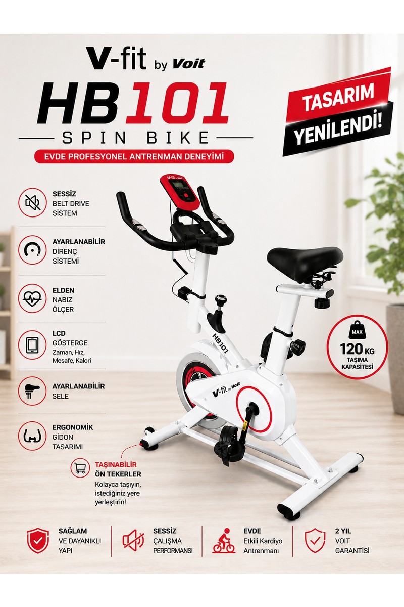 Voit V-Fit By Voit HB101 Beyaz Spin Bike Taşınabilir, Direnci Ayarlanabilir, Elden Nabız Ölçer, Sessiz — 5. ürün görseli