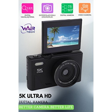 Wair Teknoloji Wair Teknoloji 5K Ultra HD Vlog Kamera 75MP Wifi 18X Zoom Özellikleri ile Yüksek fiyatı ve görseli