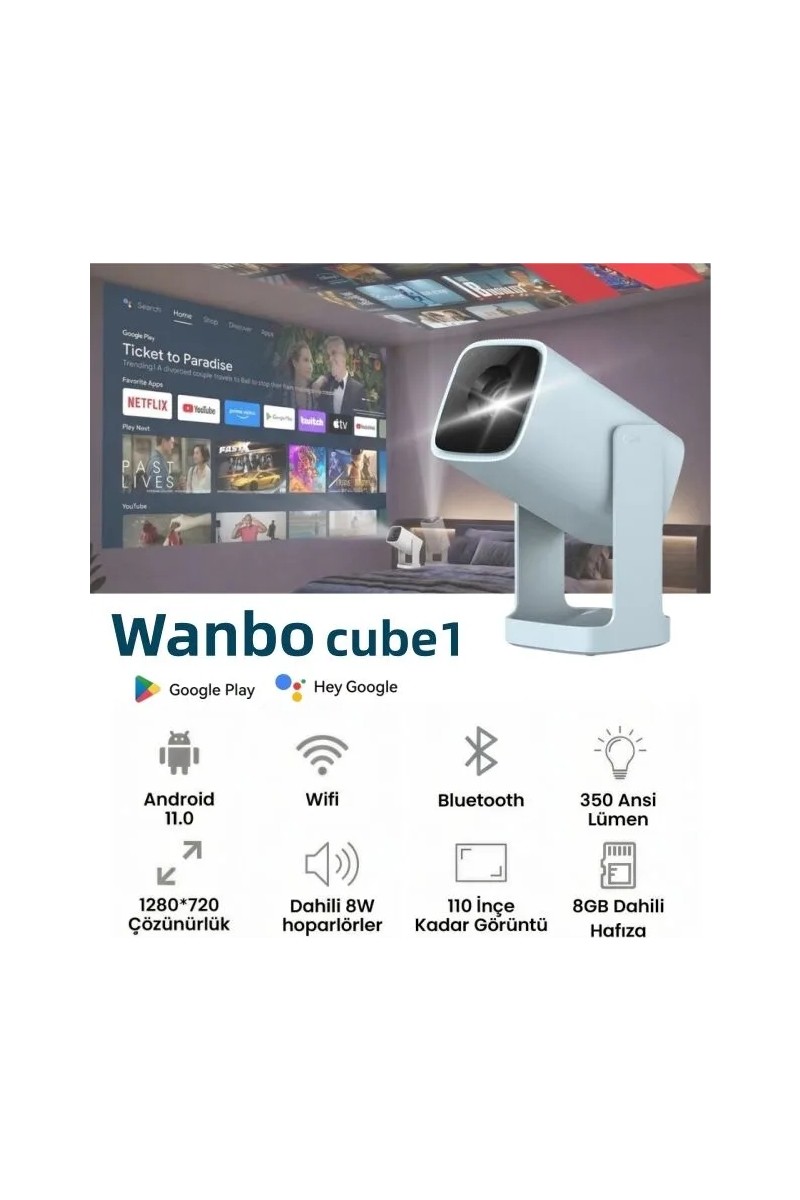 Wanbo Cube1 Projeksiyon Cihazı-Dahili Android TV 11.0 Widevine L1 sertifikalı & 8W Hoparlör - Açık mavi