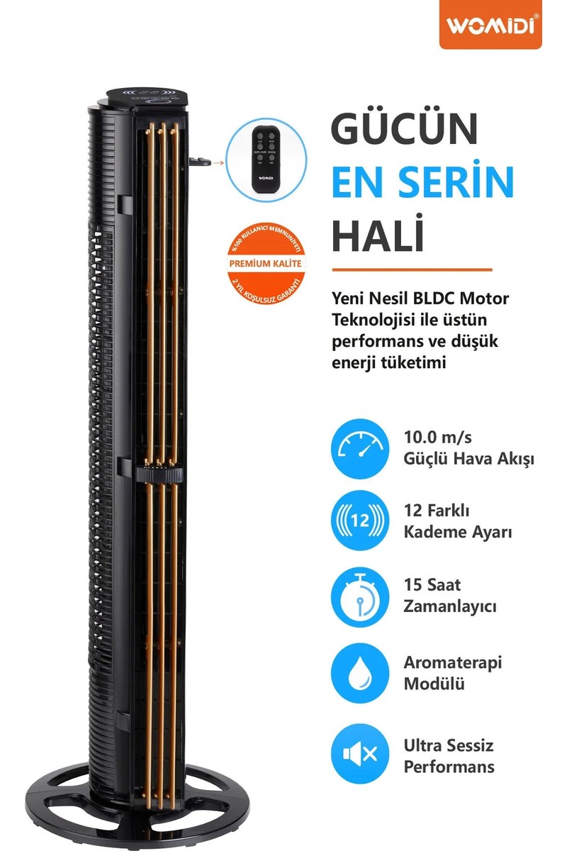 Womidi 60W Sessiz Pervanesiz Kule Tipi Vantilatör Serinletici Dikey Uzaktan Kumandalı Aromaterapi Zaman Ayarlı TF-K4003RD