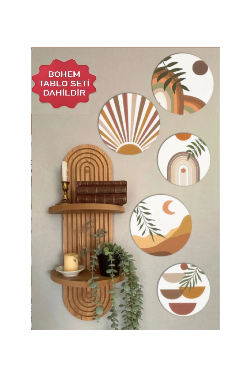 Wooden Wooden Factory Semplice Duvar Rafı ve Dekoratif Oval 5 Parça Tablo Seti fiyatı ve görseli