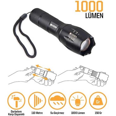YDS YDS TACTICAL Siyah El Feneri 1000 Lümen Yüksek Güçlü Alüminyum Malzeme ile Su — 6. ürün görseli