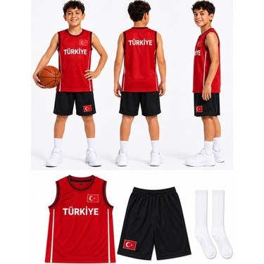 Yensa Yensa Türkiye Armalı Siyah-Kırmızı Çocuk Basketbol Forması Çorap fiyatı ve görseli