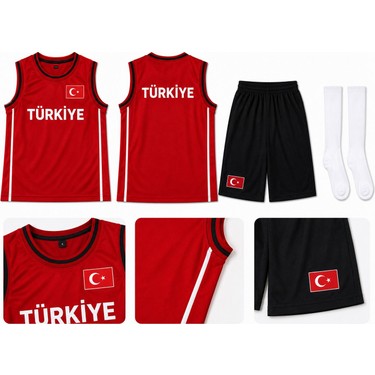Yensa Yensa Türkiye Armalı Siyah-Kırmızı Çocuk Basketbol Forması Çorap — 3. ürün görseli