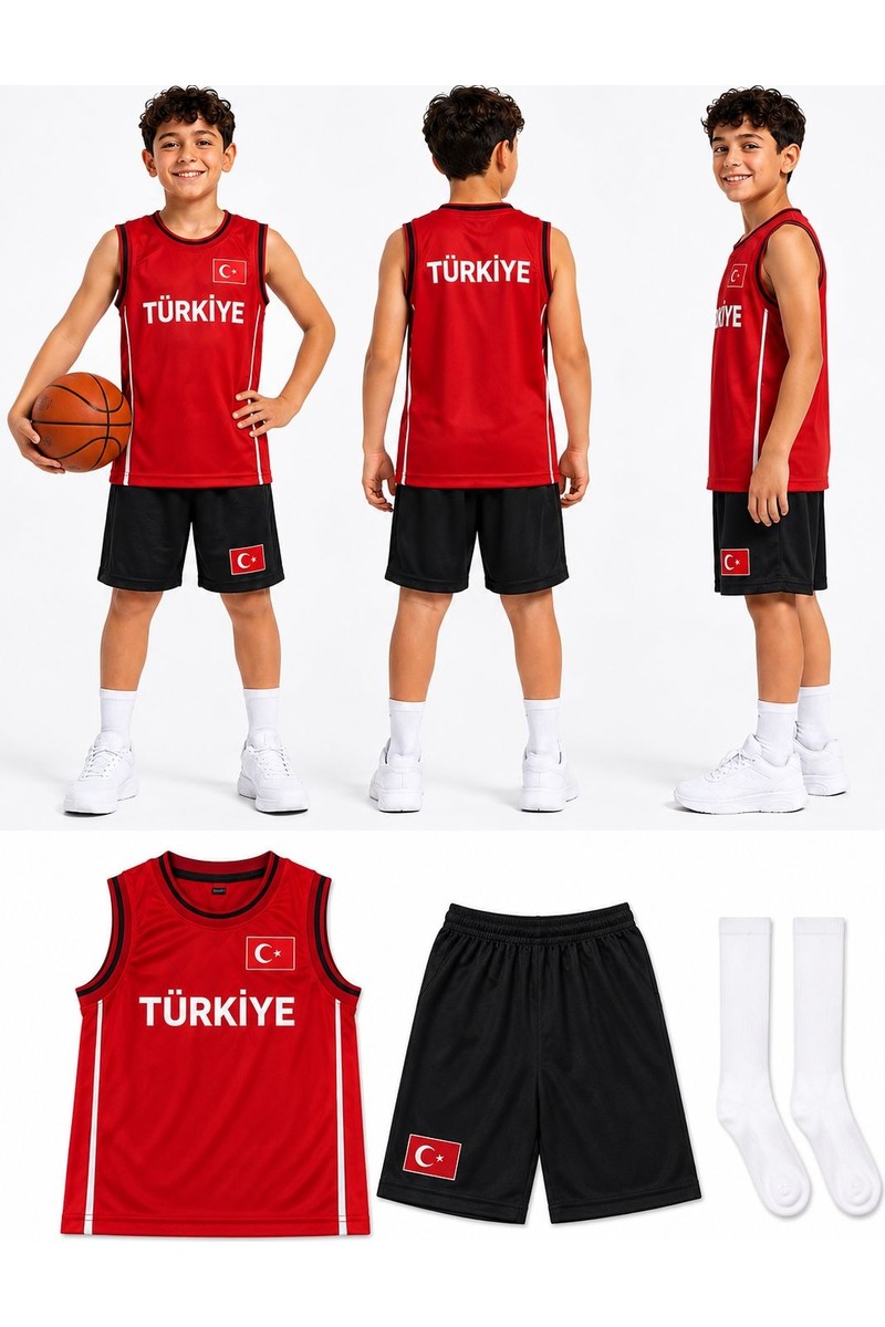 Yensa Yensa Türkiye Armalı Siyah-Kırmızı Çocuk Basketbol Forması Çorap — 5. ürün görseli