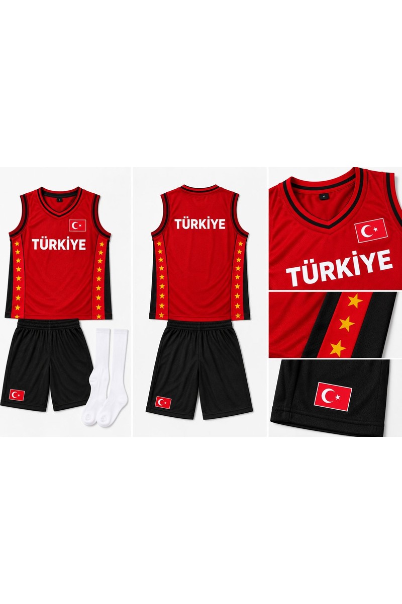 Yensa Yensa Türkiye Armalı Siyah-Kırmızı Çocuk Basketbol Forması Çorap — 6. ürün görseli