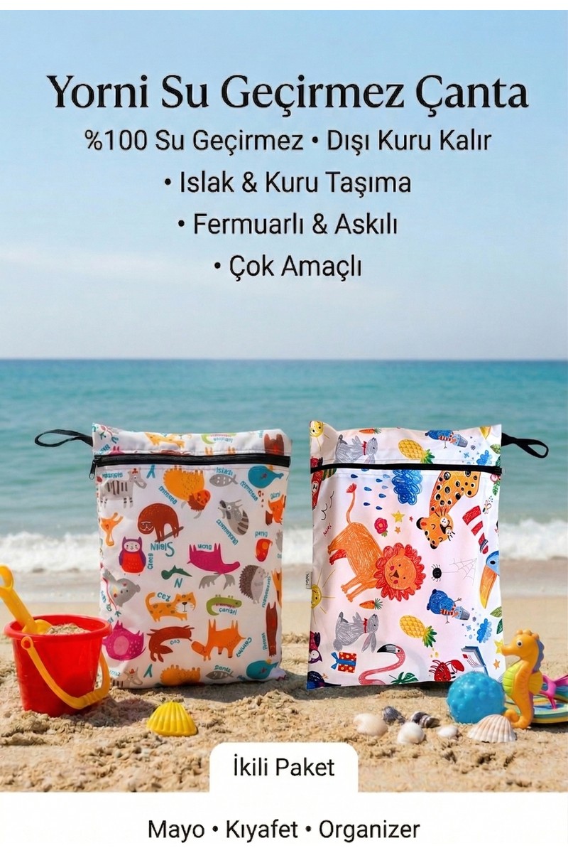 Yorni Yorni 2 ADET Jungle ve Zoo Desen 29X36CM Islak Kuru Çanta Sıvı Geçirmez Fermuarlı Askılı Çok Amaçlı Organizer Mayo ve Kirli Çamaşır Çantası, Makinede Yıkanabilir fiyatı ve görseli