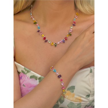 Youes Jewelry Youes Jewelry Gema Kolye ve Bileklik Seti Zirkon Renkli Taşlı Kolye ve fiyatı ve görseli