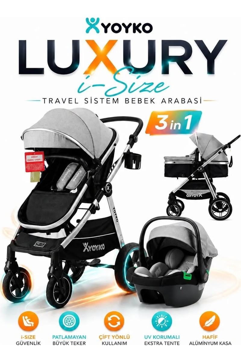 Yoyko Luxury I-Size Travel Sistem Bebek Arabası 3 In 1 Gri Silver
