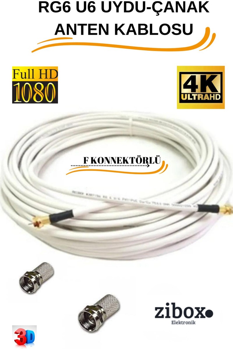 Zibox 50 metre F Konnektörlü 64 Tel Rg6/u6 Full Hd 3D 4K Anten Tv Çanak Uydu Anten Lnb Kablosu