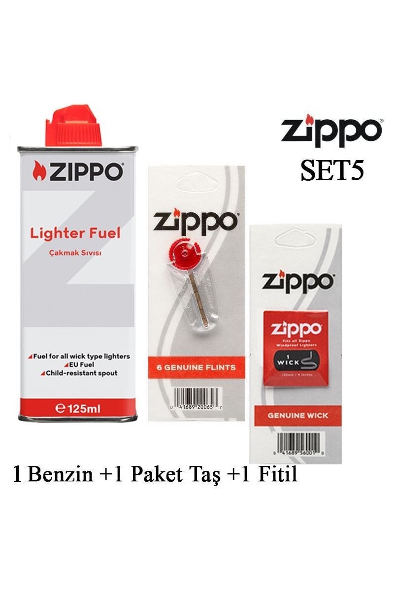 Zippo Çakmak Benzin + Taş + Fitil Seti